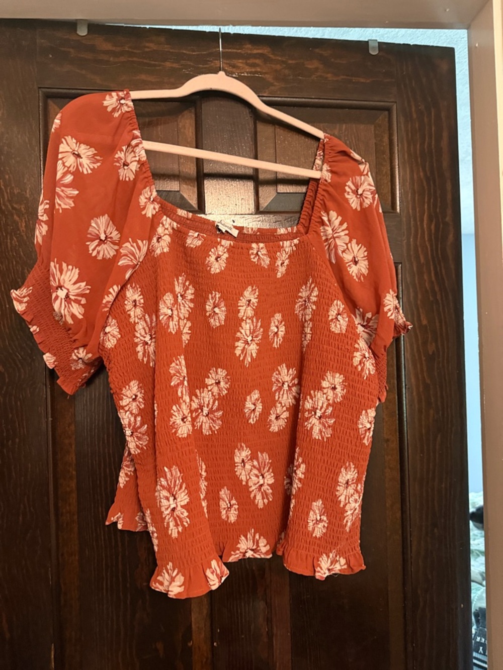 Madewell Burnt Orange Floral Smocked Square Neck Top